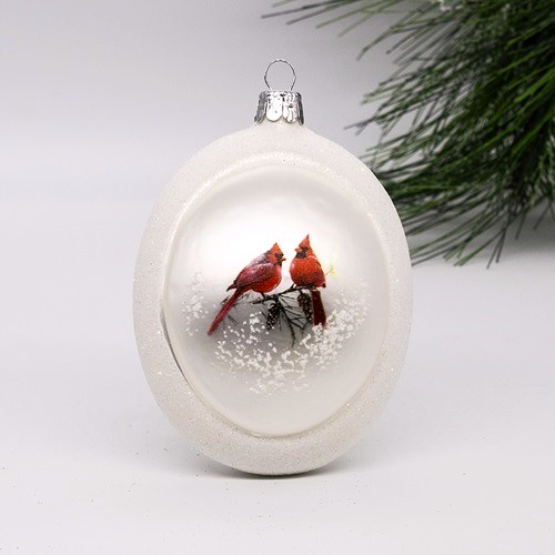 Cardinals on Medallion-Shape Glass Ornament